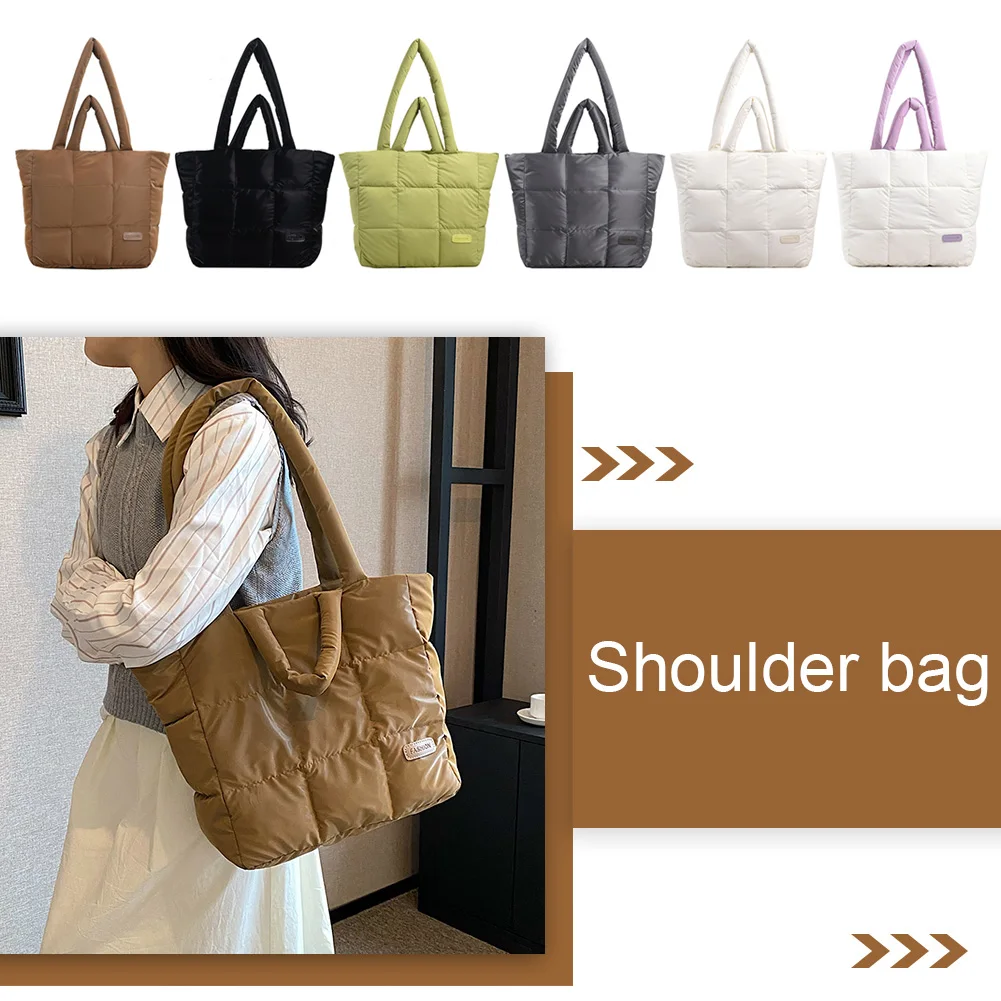 

Women Cotton Padded Handbag Solid Color Checkered Quilted Handbag Large Capacity Fashion Autumn Winter Female Bag