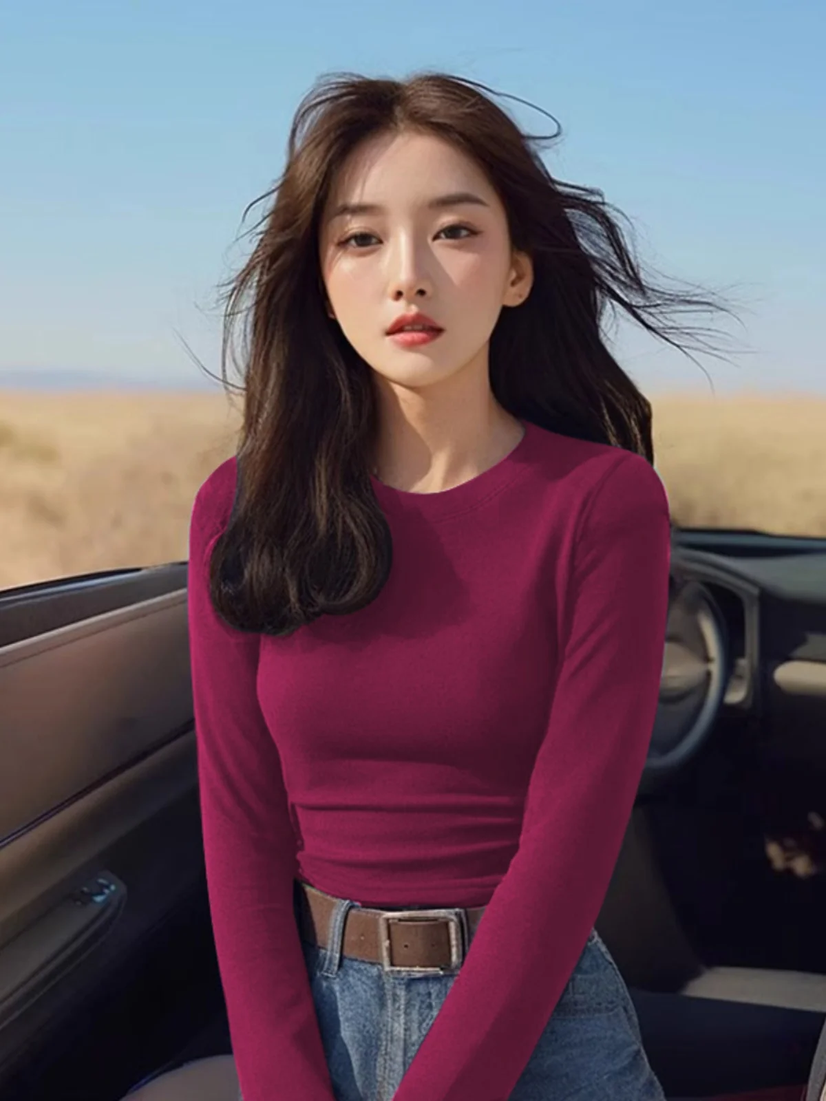 Elegant Dark Blue Women's Long Sleeve T-Shirt Slim Fit Base Layer Shirt for Autumn Winter Inner Wear Shoulder Width Regular