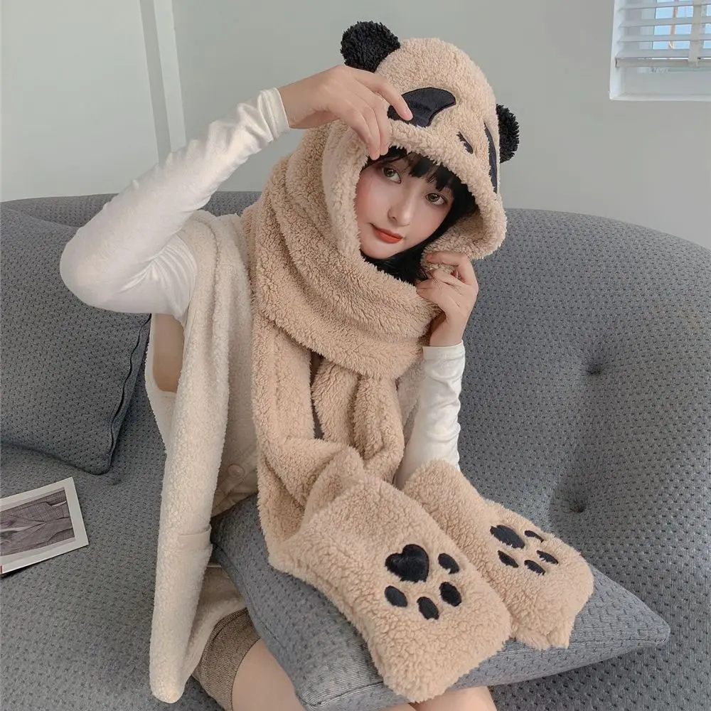 2023 Fashion Panda Beanies Caps Winter Warm Hat Casual Plush Hat Scarf Gloves Set Casual Faux Fur Women Caps