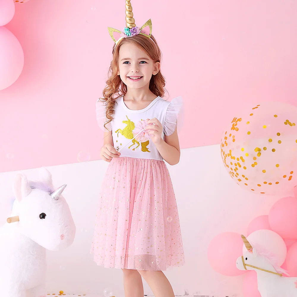 VIKITA Mädchen Licorne Print Kleid Mädchen Flare Hülse Sommer Kleider Kinder Geburtstag Party Patchwork Prinzessin Elegante Süße Kleider – Detail 2