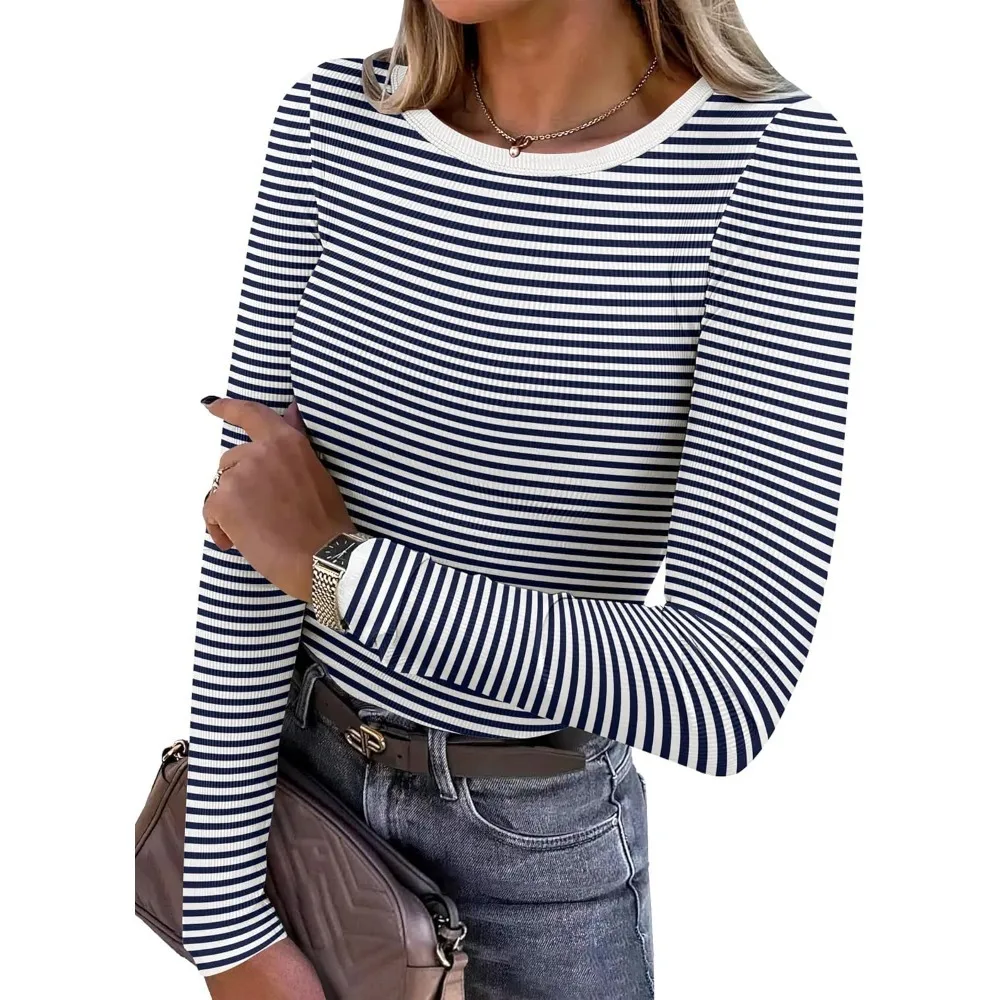

Women Long Sleeve Shirts Rib Knit Slim Fit Tops Basic Tee Fall Outfits Casual T-Shirt Underscrubs Layer Clothes