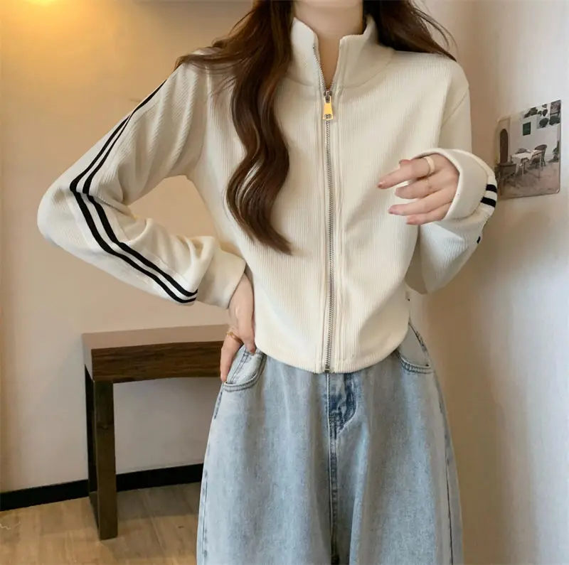 Yasuk Spring Autumn Winter Fashion Casual Zipper Women\'s Loose All-Match Full Zip  Coat Striped Solid Gentle Female