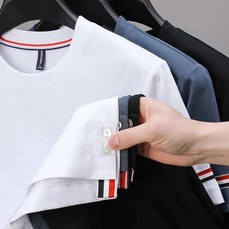 High end Luxury Men's T-shirt 2024 Summer New 100Pure Cotton Ribbon Half Sleeves British Fashion Split Hem Casual Men's Clothing