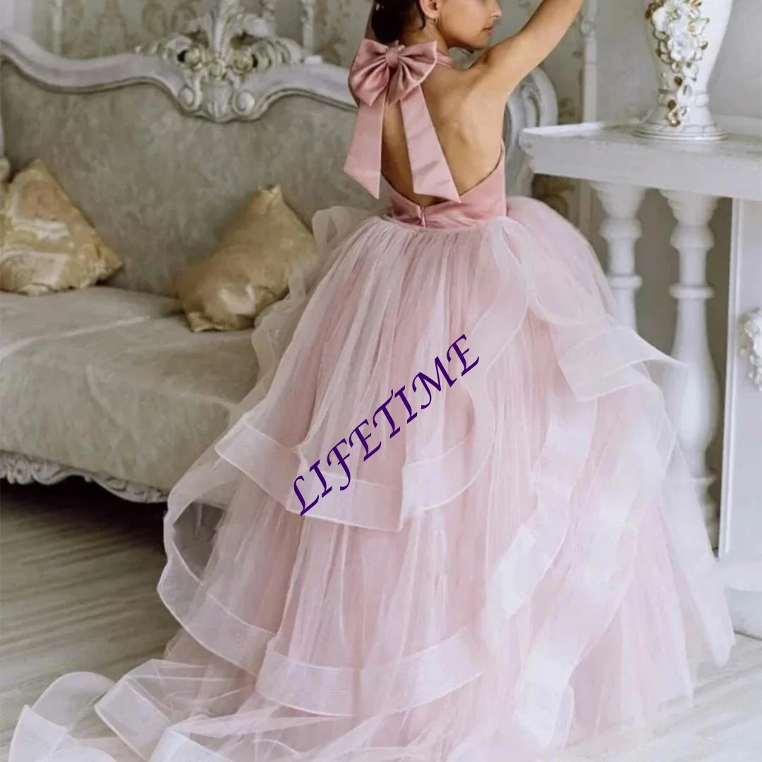 

Розовое пышное платье принцессы по индивидуальному заказу для девочек, тюлевое платье с лямкой на шее и открытой спиной, с рюшами и бантом для девочек на заказ, свадебная вечеринка Ba