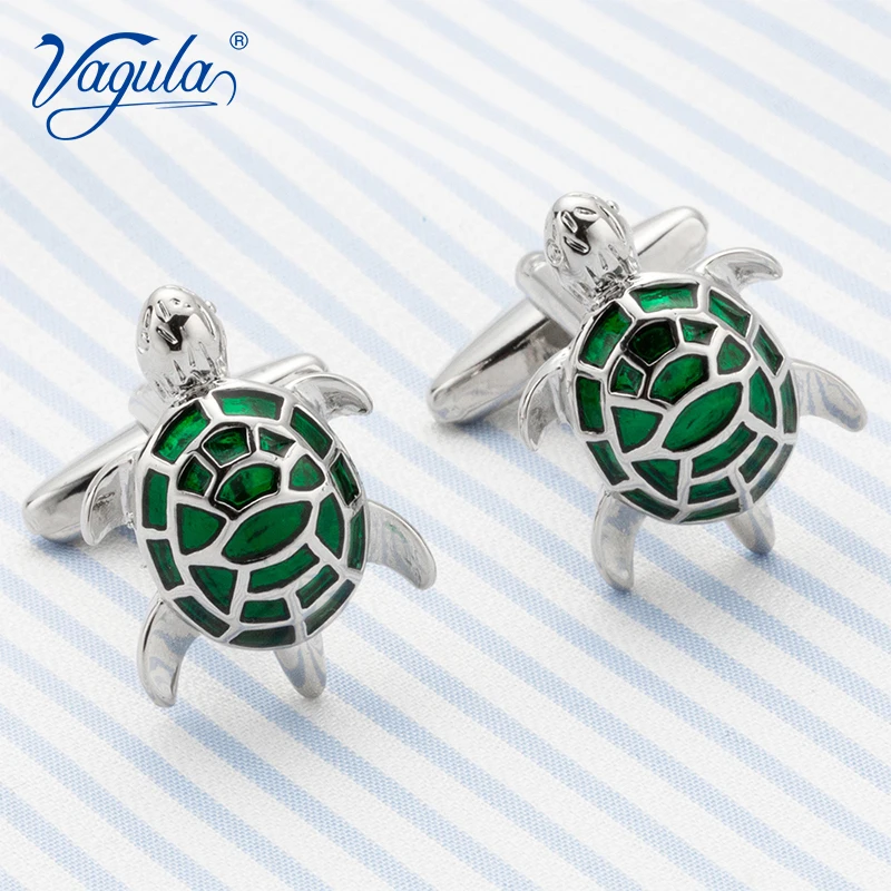 VAGULA Classic Silver-Color Plated Tortoise Copper Green Painting Men's Luxury  Funny Cufflinks 690