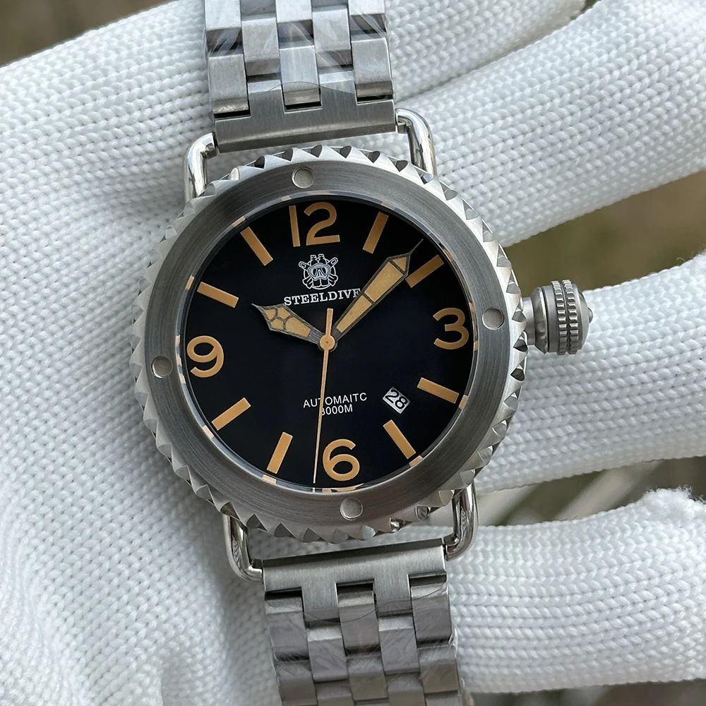 Reloj STEELDIVE para hombre, reloj de buceo profundo de 47mm, reloj de pulsera mecánico automático militar 300Bar C3, zafiro luminoso NH35, bisel de acero