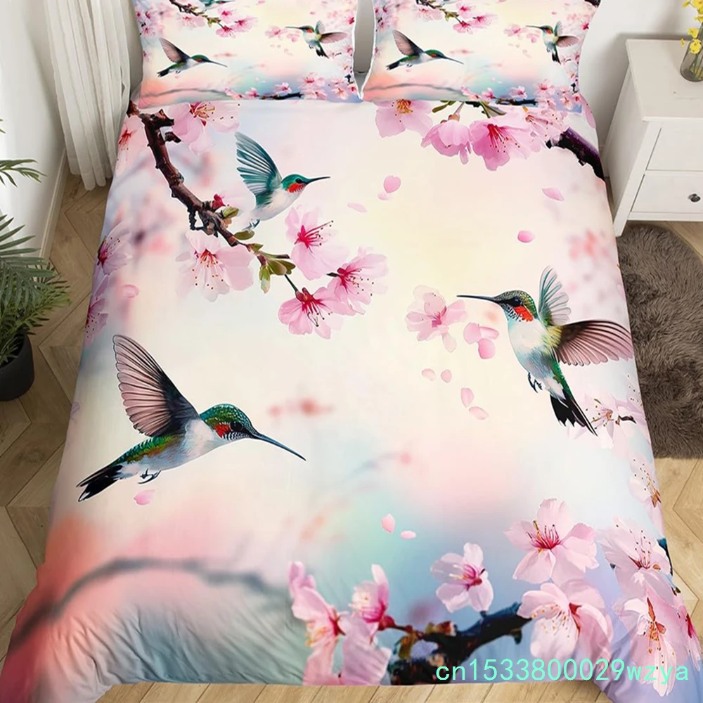 Hummingbird Floral Duvet Cover Birds Bedding Set Blue Green Spring Wild Animals Botanical Comforter Cover Polyester Quilt Cover