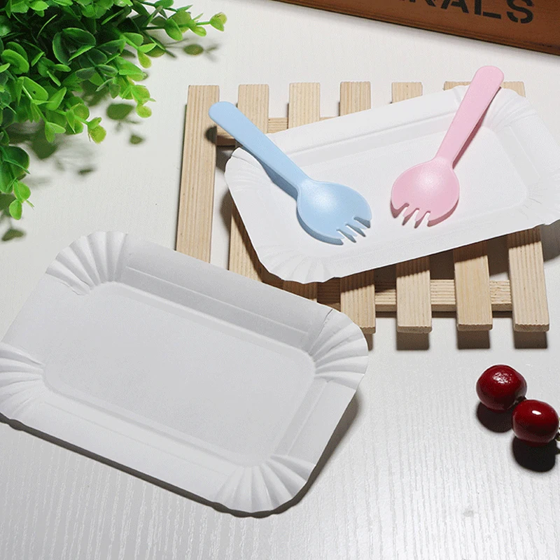 Thickened Disposable Rectangular Cake Plate Cake Fork Round Birthday Party Tableware Fork Ice Cream Spoon Independent Packaging