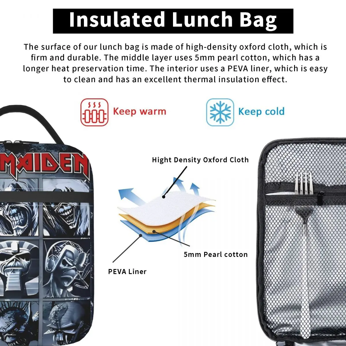 Ironmaidens Heavy Metal Band Character Merch Insulated Lunch Bag Skull Storage Food Boxes Portable Thermal Cooler Lunch Boxes