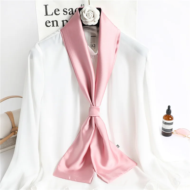 Skinny Long Scarf 145cm Women Solid Color Double Layer Silk Like Neck Scarf Elegant Office Accessory