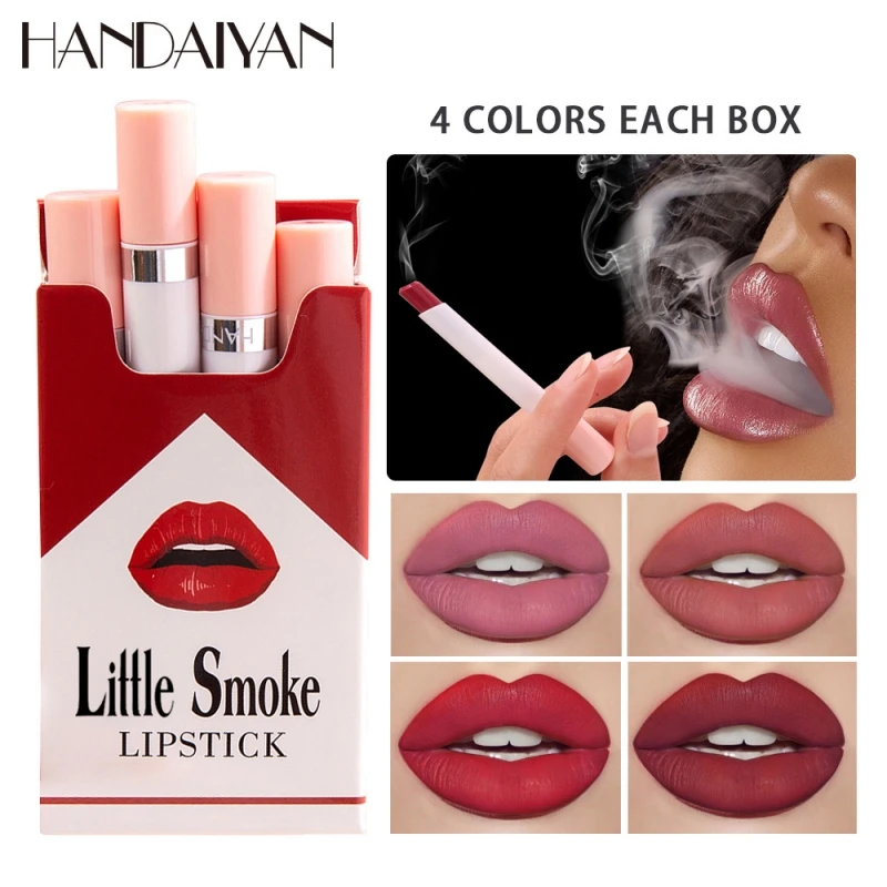 4PCS/Set Cigarette Lipstick Matte Velvet Lipstick Long Lasting Waterproof Non-Stick Cup Lips Makeup Sexy Nude Creative Lip Set