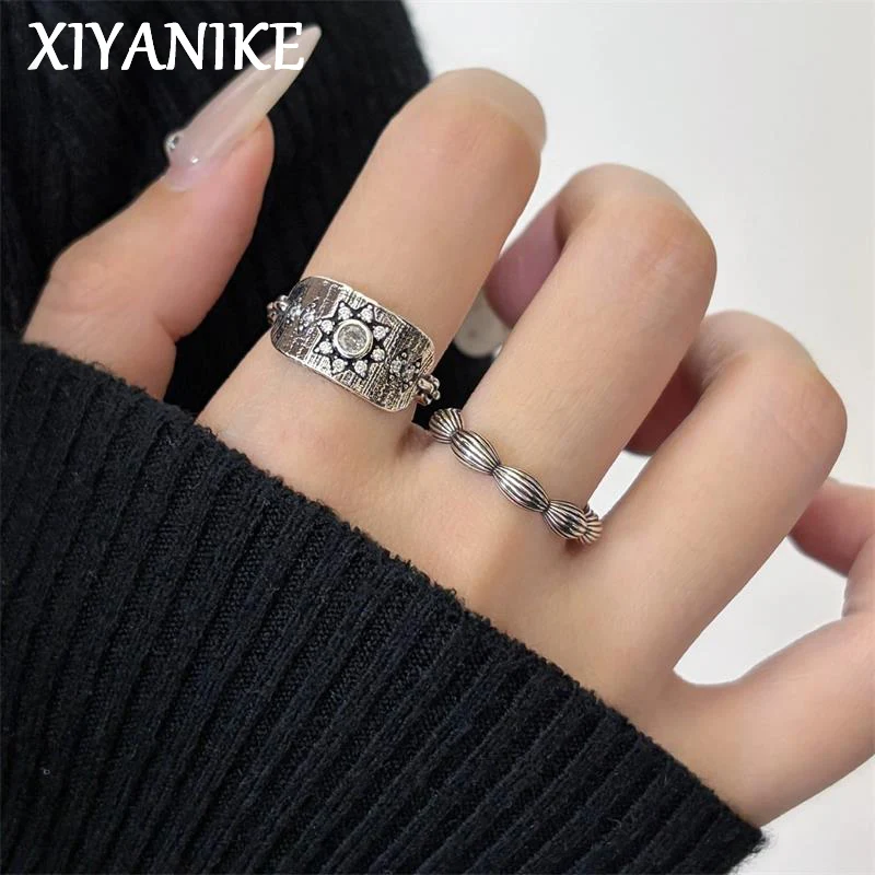 XIYANIKE Vintage Texture Twisted Flower Zircon Adjustable Finger Rings For Women Girl Fashion New Jewelry Gift Party Anillos