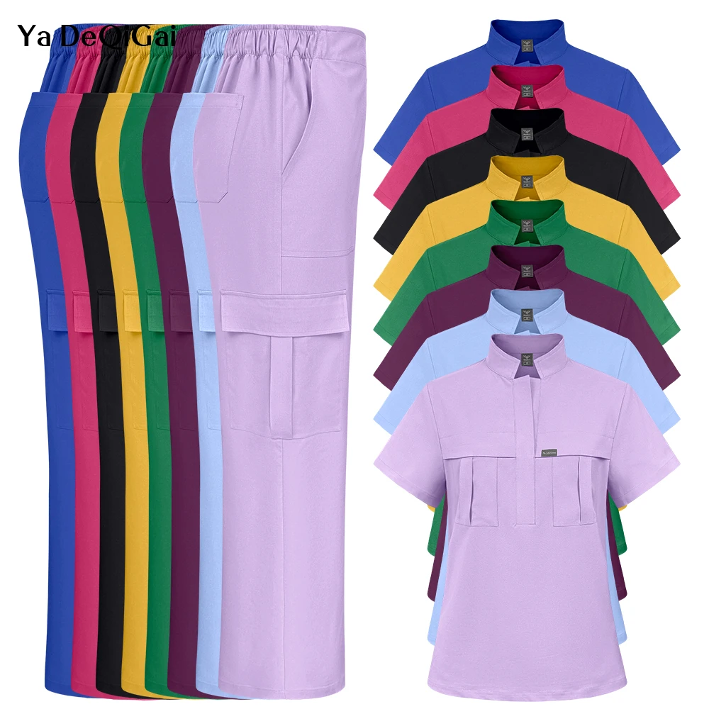 Women Surgical Scrubs Set Medical Nurse Uniform Beauty Spa Top With Straight Pant Suit Soft Wrinkle-Resistant Surgical Workwear