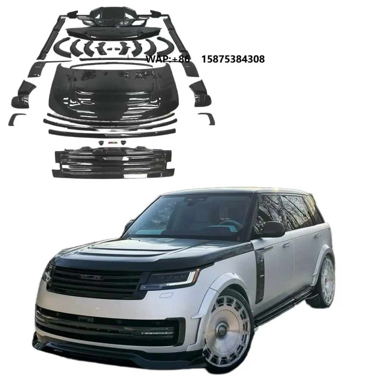 Kit carrosserie Msy pour Range Rover Vogue 2023+ : pare-chocs avant, calandre, capot moteur, diffuseur arrière.
