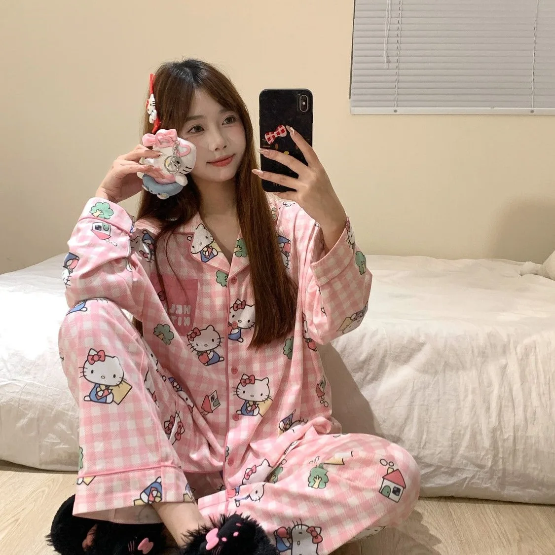 

Розовый пижамный комплект Hello Kitty для школьниц, осенняя удобная ночная рубашка с Микки Маусом, домашняя одежда, женская одежда для сна с героями мультфильмов