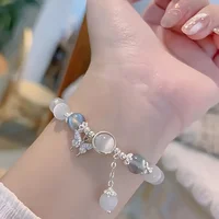 Dainty Blue Cats Eye Beaded Bracelet, Cute Butterfly Charm Elastic Hand Chain, Moonlight Opalite Stone Jewelry, Graduation Birthday Gift for Best Friend Teen - Image 3