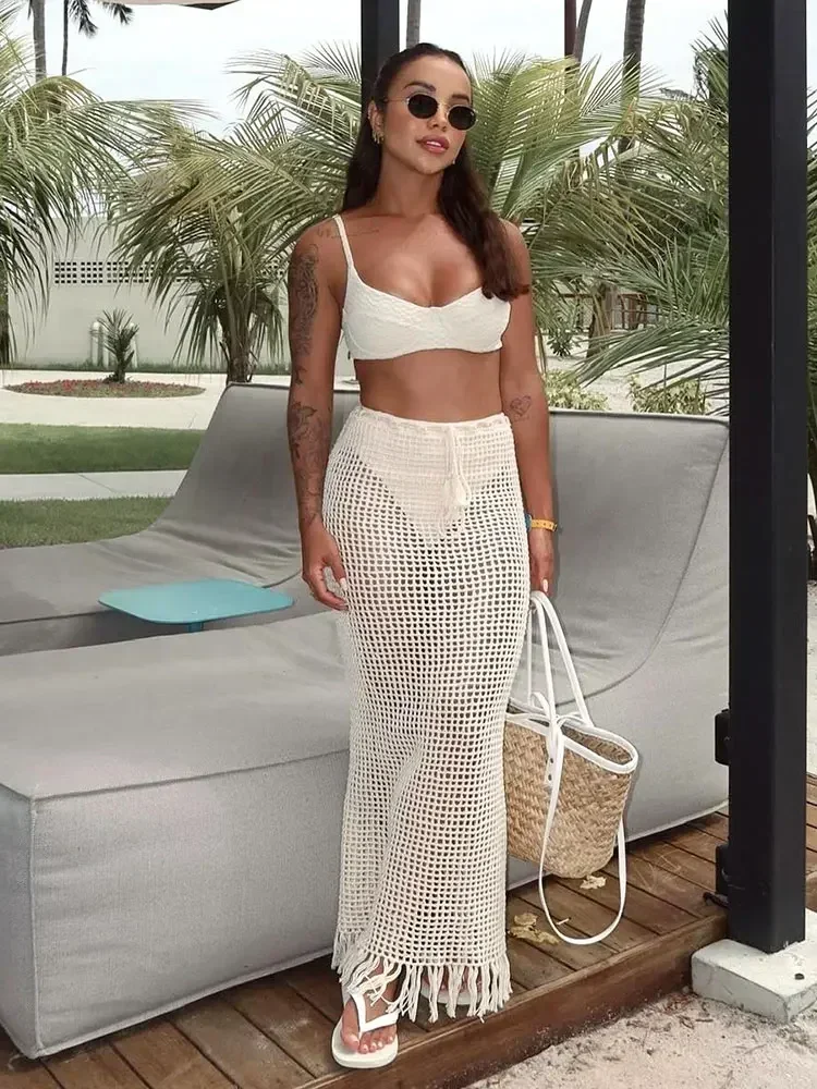 Sexy Summer Knit Cut Out Beach Half Skirt Women Chic Drawstring Fringed Casual Wrap Skirts 2024 Pool Party Swimwear Cover Up K50