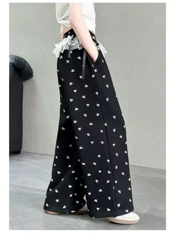 UNITIM Frühlingshosen mit Schleife für Mädchen, bedruckte Wide-Leg-Hosen für Teenager-Mädchen, lockere Kinderhosen, Freizeithosen für Kinder, 5–14 Jahre – Detail 8