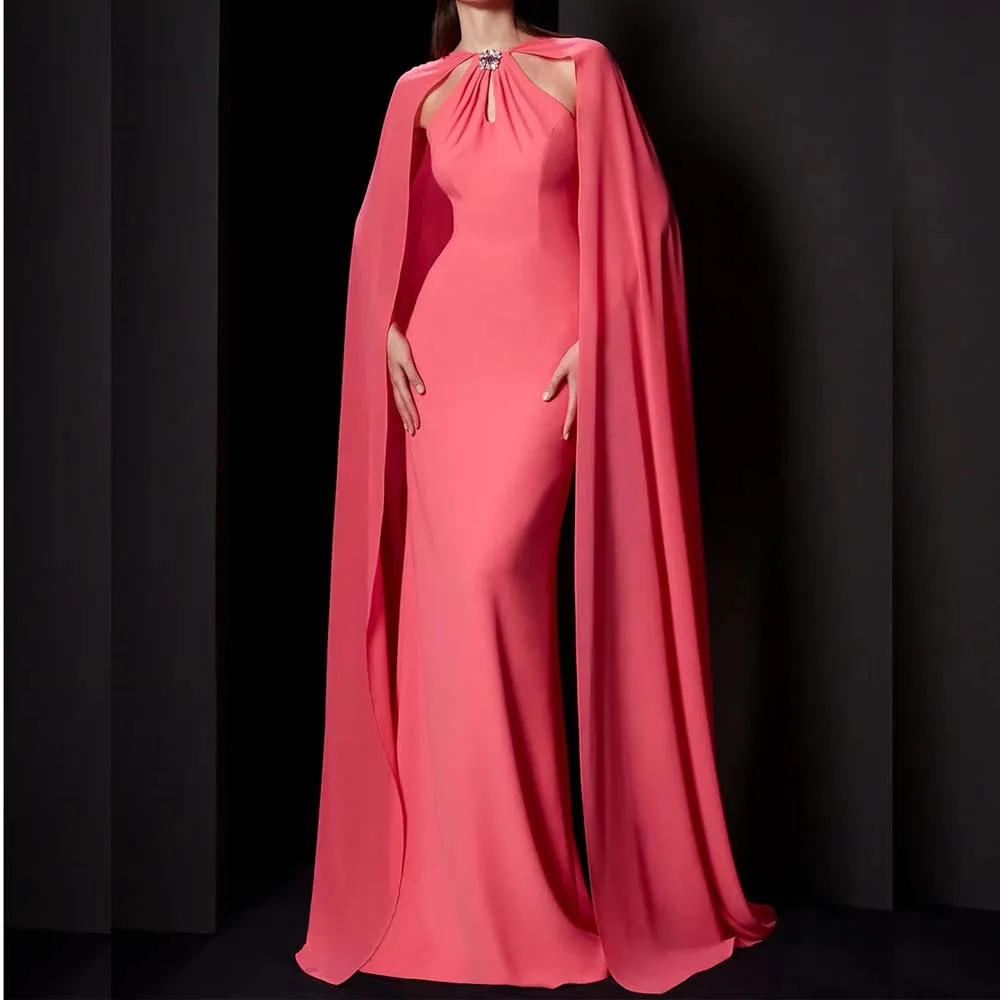 Luxury Evening Dress for Elegant Women 2024 Cap Long Sleeve Pleat Crystal Floor Length Gowns for Special Event Prom Dresses