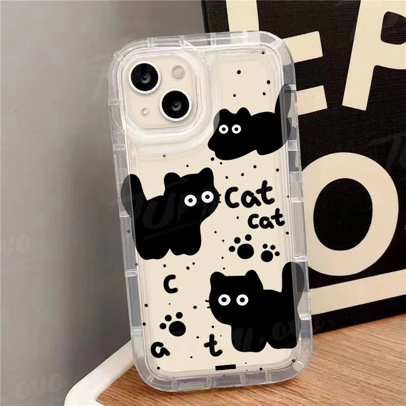 Casing silikon bening pita bunga kucing hitam lucu, penutup pelindung silikon bening untuk iPhone 15 14 13 12 11 Pro Max XR XS X 8 7 6 6S Plus SE 2020