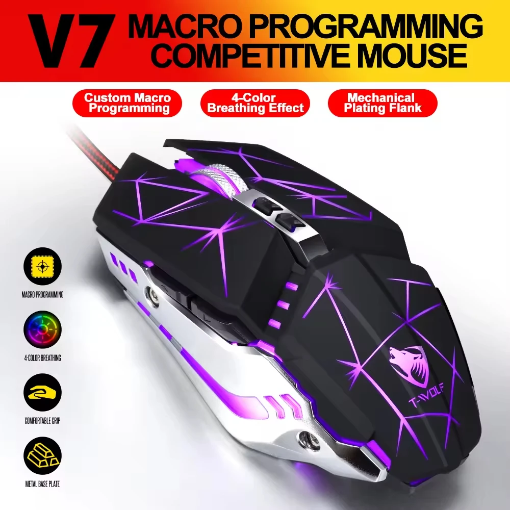 Breathing Light Ergonomic Computer Wired DPI 3200 USB Gaming Mouse With Macro Programming