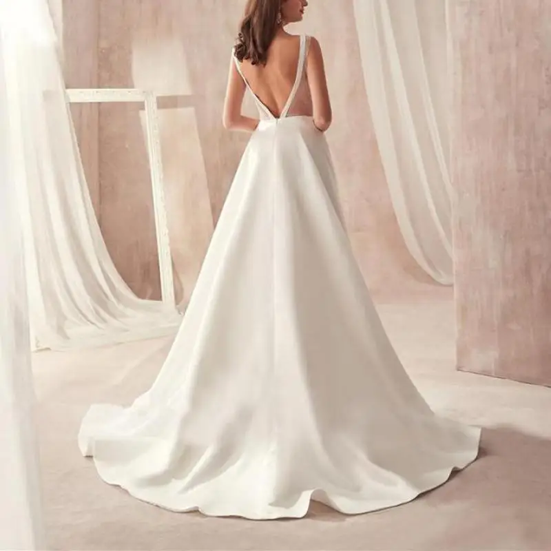 Vestido De novia con escote en V profundo y espalda descubierta para mujer, vestido De novia De satén con tren, Sexy vestido De novia, vestido De línea A Simple y elegante, nuevo