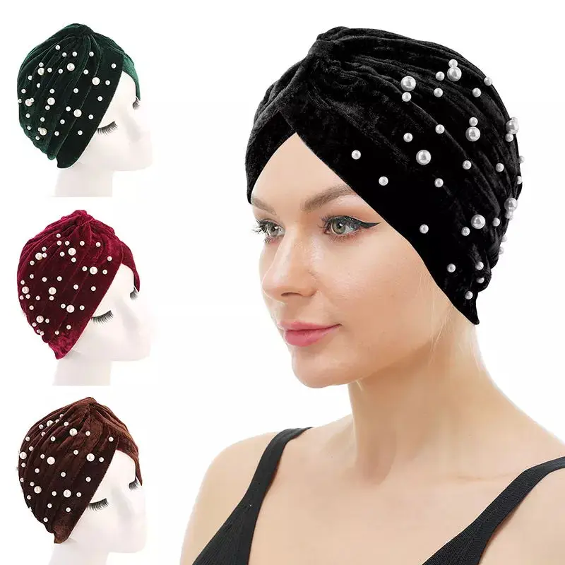 

New Women's velvet Indian hat retro fashion hat pearl beads Winter Warm Turban Cross India Cap for women Hijab Turbante