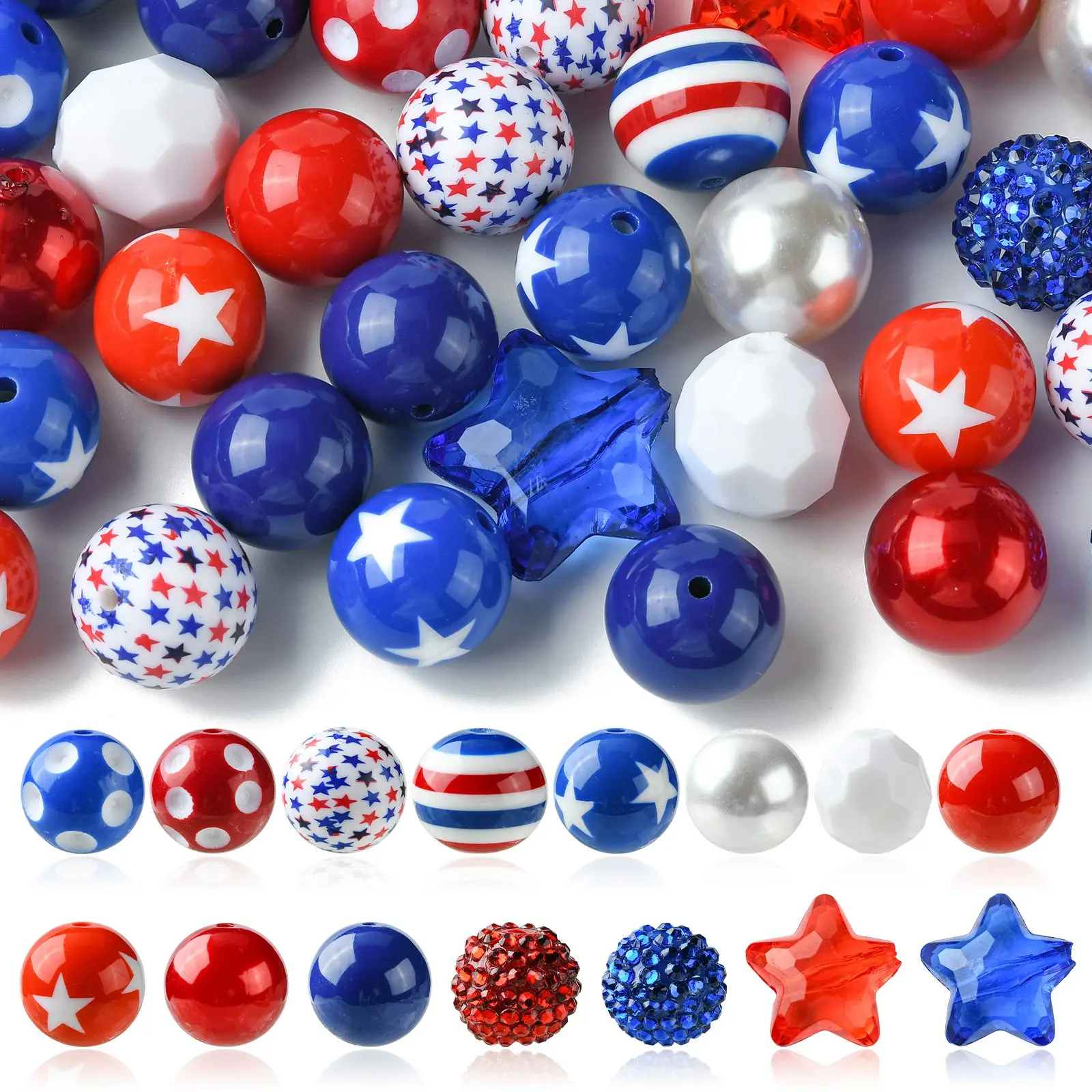 PandaHall 50 Stück Zufällige 20mm Acryl-Rundperlen Independence Day Rot Weiß Blau Abstandhalterperlen für Bastelarbeiten und Schmuckherstellung – Detail 8