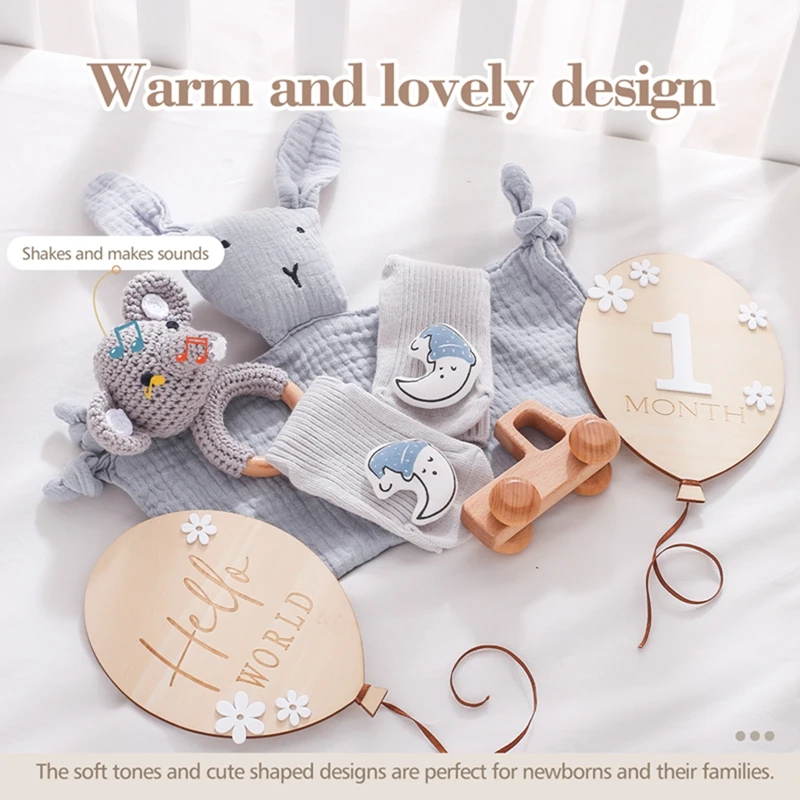 Newborn Double Sided Cotton Blanket Wooden Ring Crochet Bunny Rattle Toys Bath Brushs Wooden Milestone Cards Baby Birth Gift