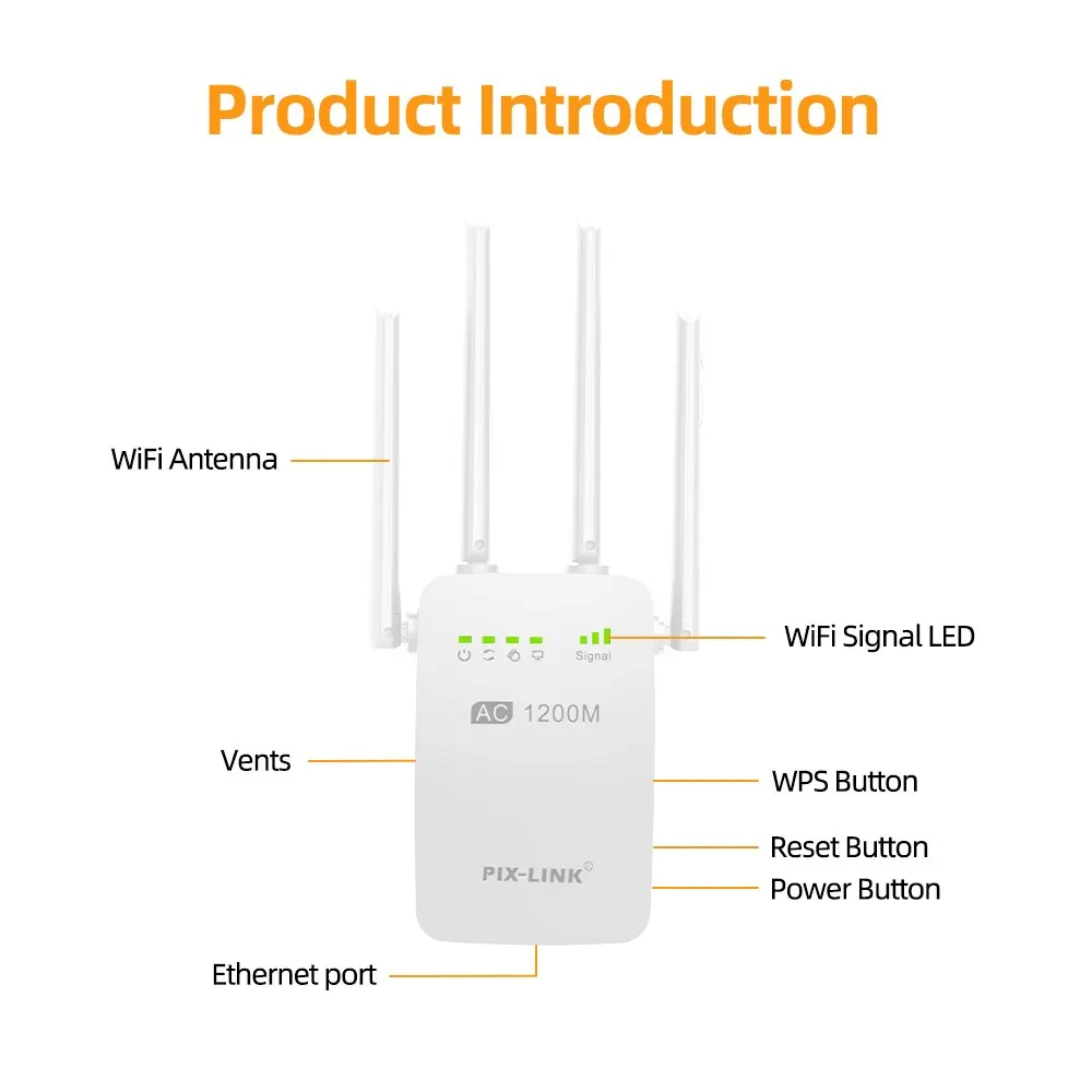 Pix-Link เราเตอร์ขยายสัญญาณ WiFi AC05แบนด์คู่ขยายสัญญาณกิกะบิตไร้สาย1200Mbps กิกะบิต2.4G 5GHz