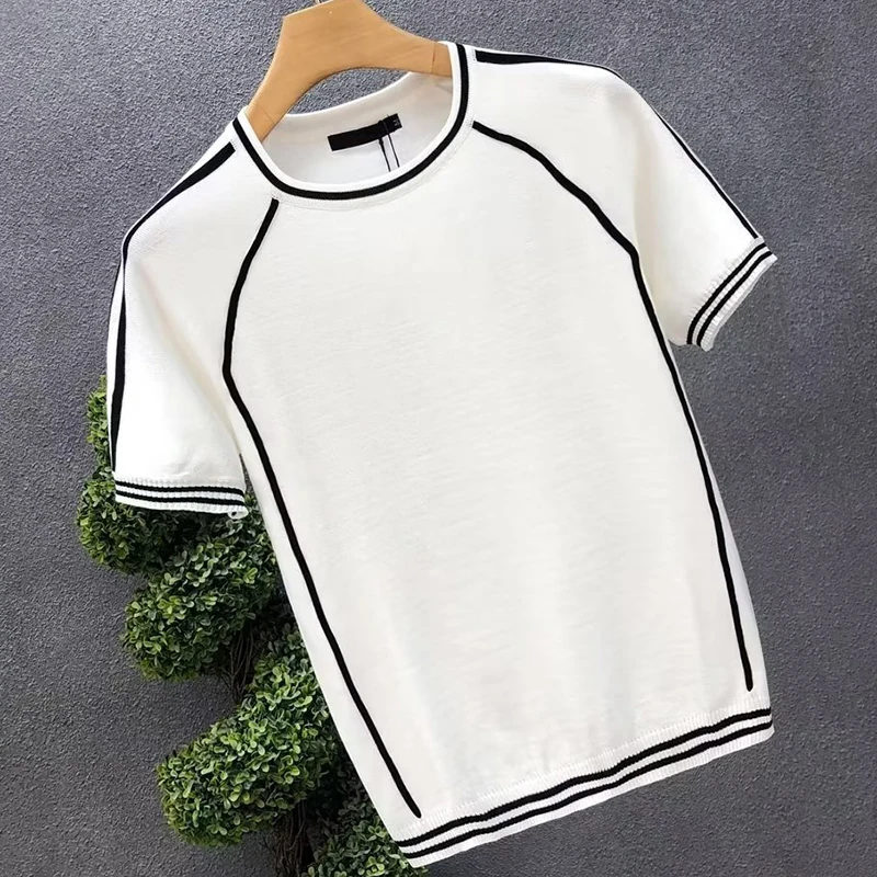 Irregular Lines Herren-Strick-T-Shirt, Sommer, Schwarz, Weiß, Kontrastfarbe, Rundhalsausschnitt, kurze Ärmel, atmungsaktives Strick-T-Shirt – Detail 9