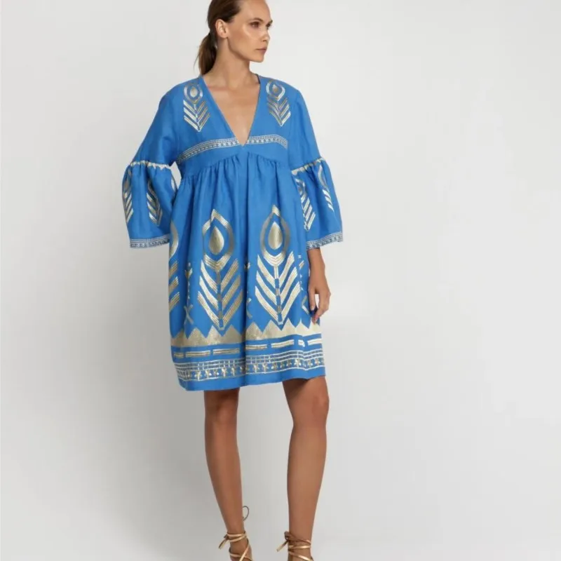 Abito stampato stile Boho alla moda Abito casual con scollo a V Manica a foglia di loto Abito ampio Primavera e autunno Nuovi abiti da donna per le vacanze