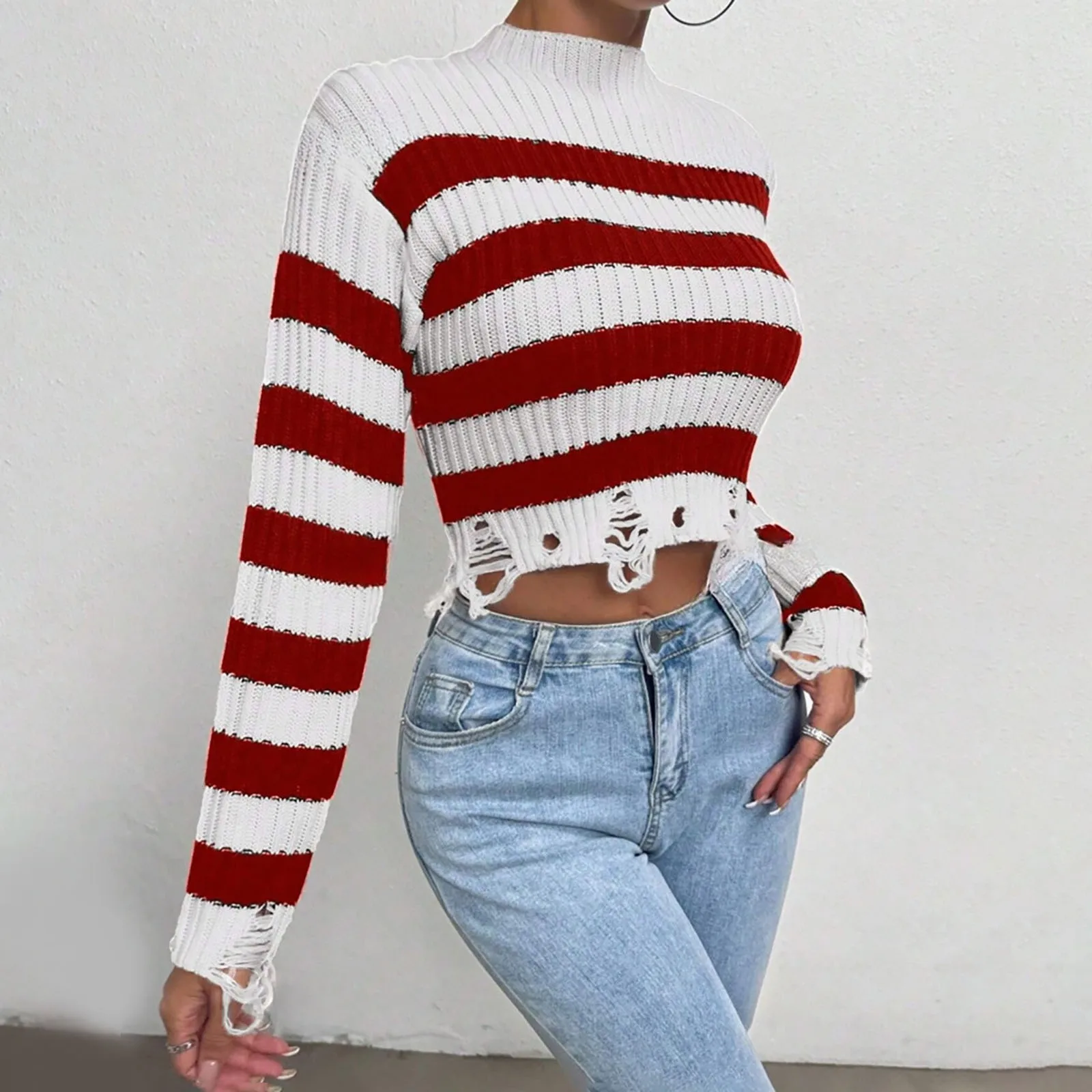 Short Women Autumn Female Crop 2024 Y2K Sweaters Jumper Top Long Streetwear Frayed Knitted Sleeve Pullovers Pull