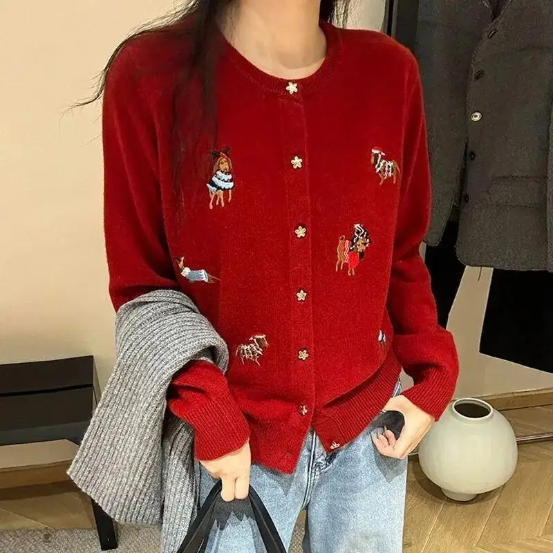 Embroidery Knitted Cardigan New Fashion Round Neck Cartoon Sweater Coat Single Breasted Top for Women Spring Autumn Casual