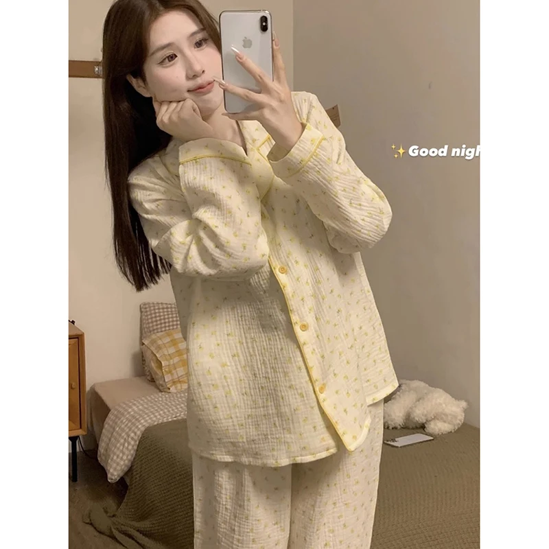 Floral Sleepwear Women Pajama Sets Autumn Piiama Korean Pants Sets for Women 2 Pieces Button Night Wears Pocket Home Suit 2024