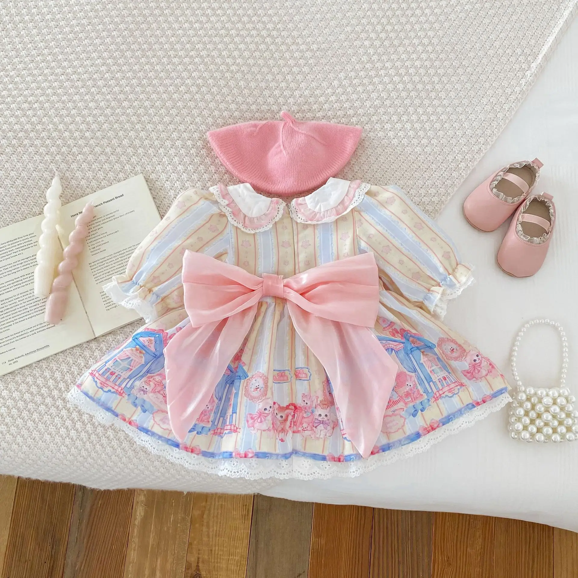 Girls Princess Lolita Dress Spring Autumn 0-6 Year Old Long Sleeve Baby Girls Dress Castle Knotbow Printed Kids Girls Dress