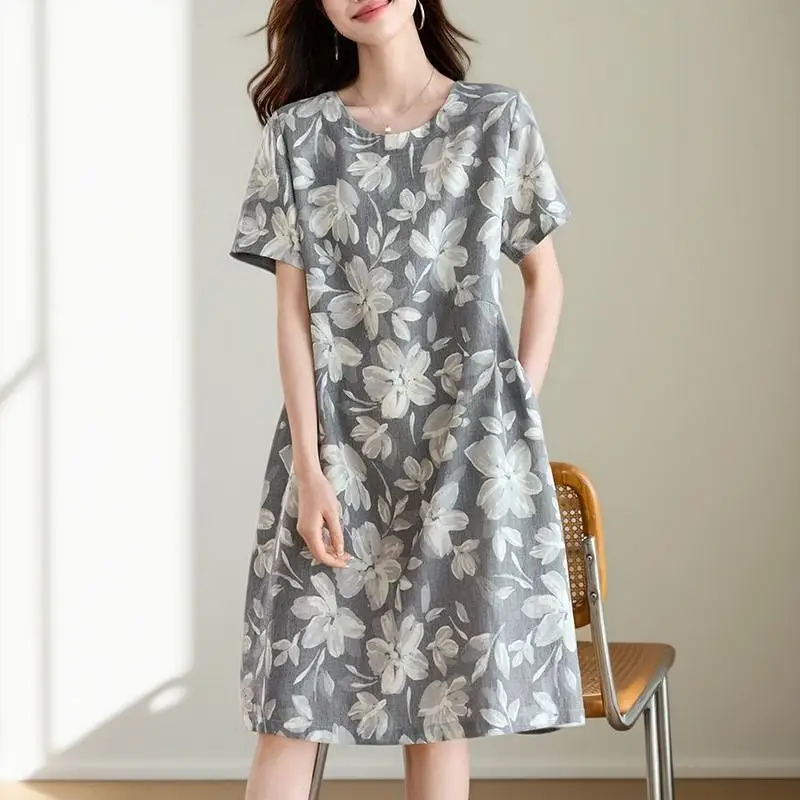 

Хлопковое платье для женщин, лето 2026, новинка, средней длины, в стиле ретро, с принтом, свободного кроя, с круглым вырезом