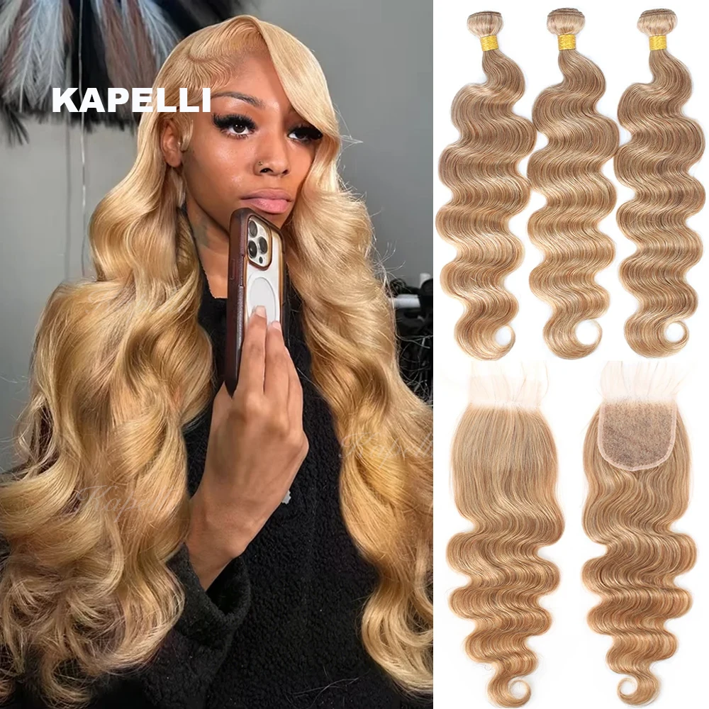# 27 Zestawy ludzkich włosów w kolorze miodowo-blond z zamknięciem Zestawy włosów typu Body Wave z zamknięciem 4x4 Zestawy włosów brazylijskich Włosy typu remy