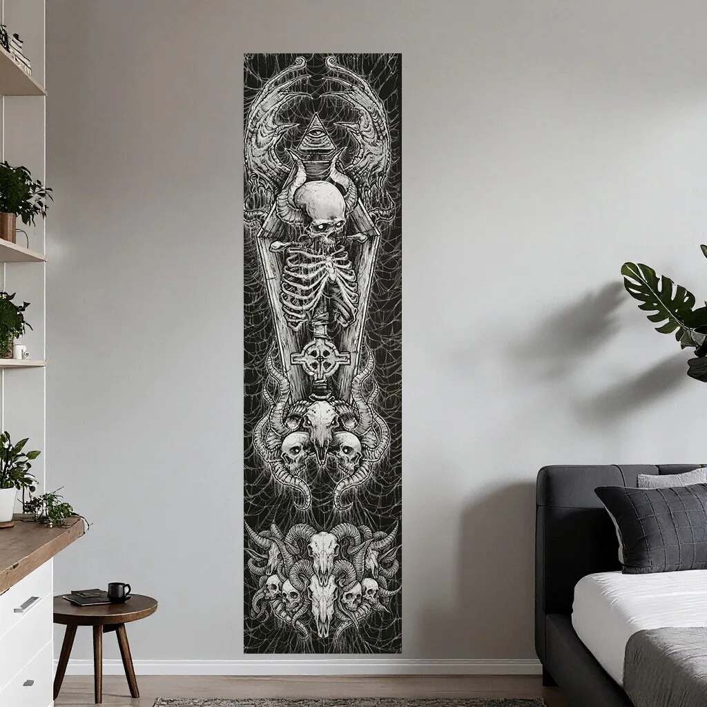 Gothic Coffin Skeleton Ram Skull Tapestry All Seeing Eye Spider Web Dark Tattoo Art Wall Hanging Halloween Bedroom Dorm Decor