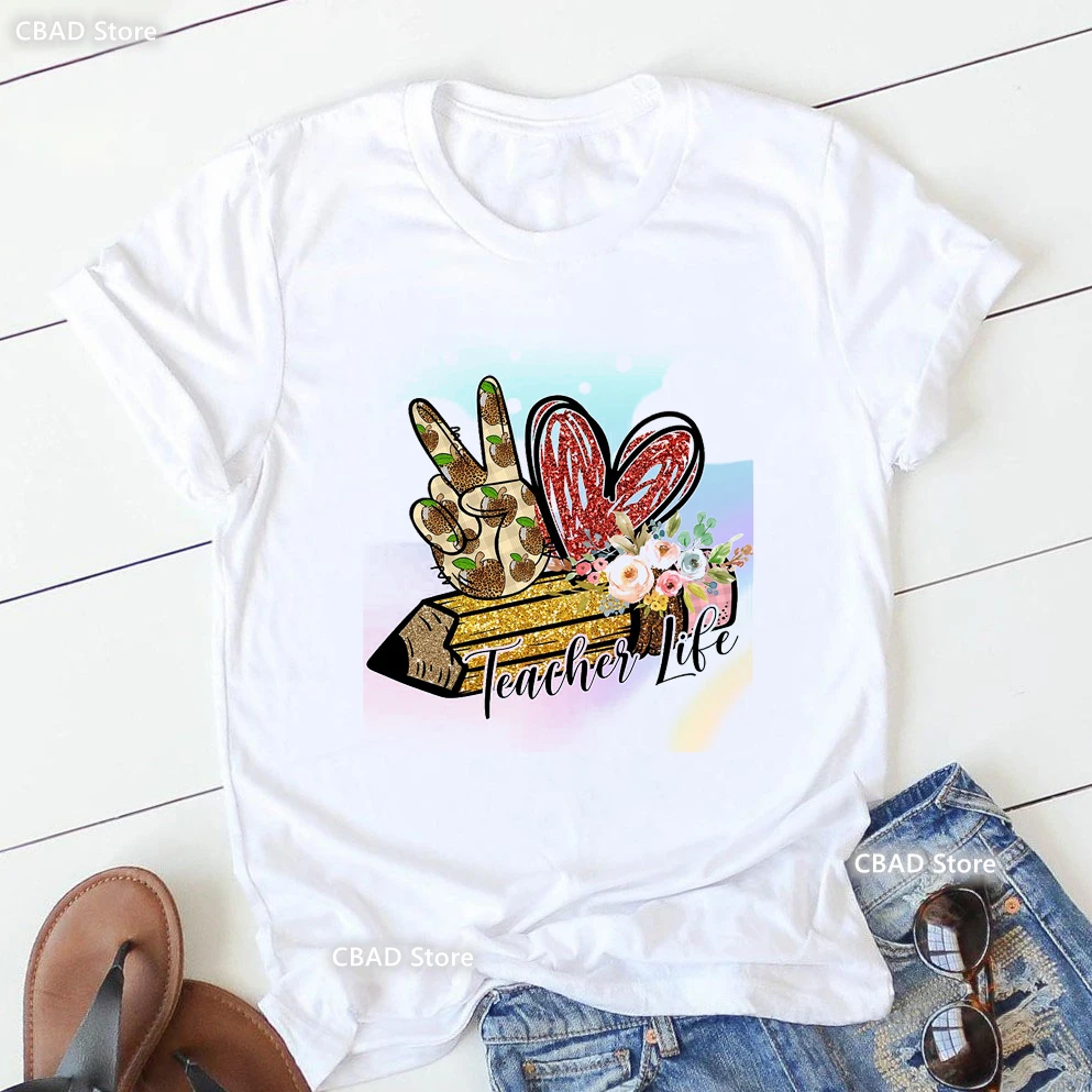 Teacher Life Graphic Print Tshirt Girls Love Leopard Pencil Flowers T Shirt Women Harajuku Shirt Summer Fashion Tops Tee Shirt