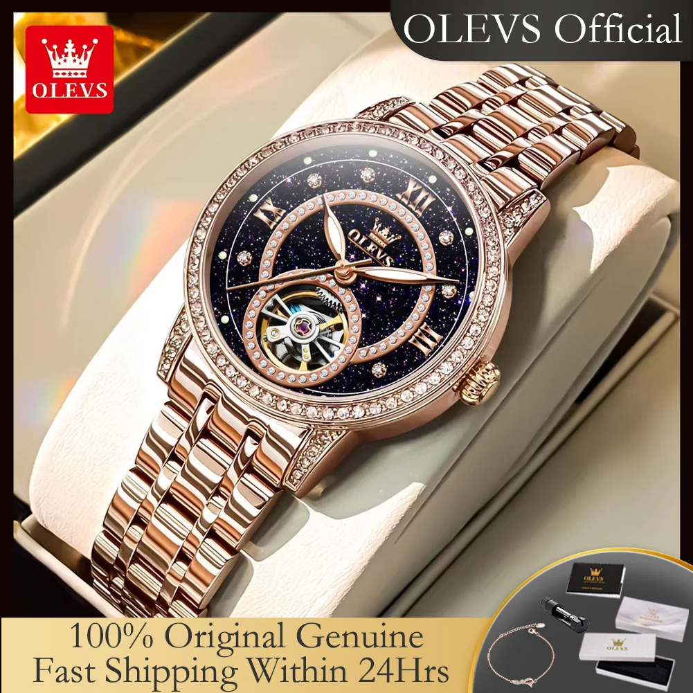 OLEVS 7036 Automatic Watches for Woman Fashion Hollow Starry Sky Dial Diamond Bezel Luxury Original Women's Mechanical Watches