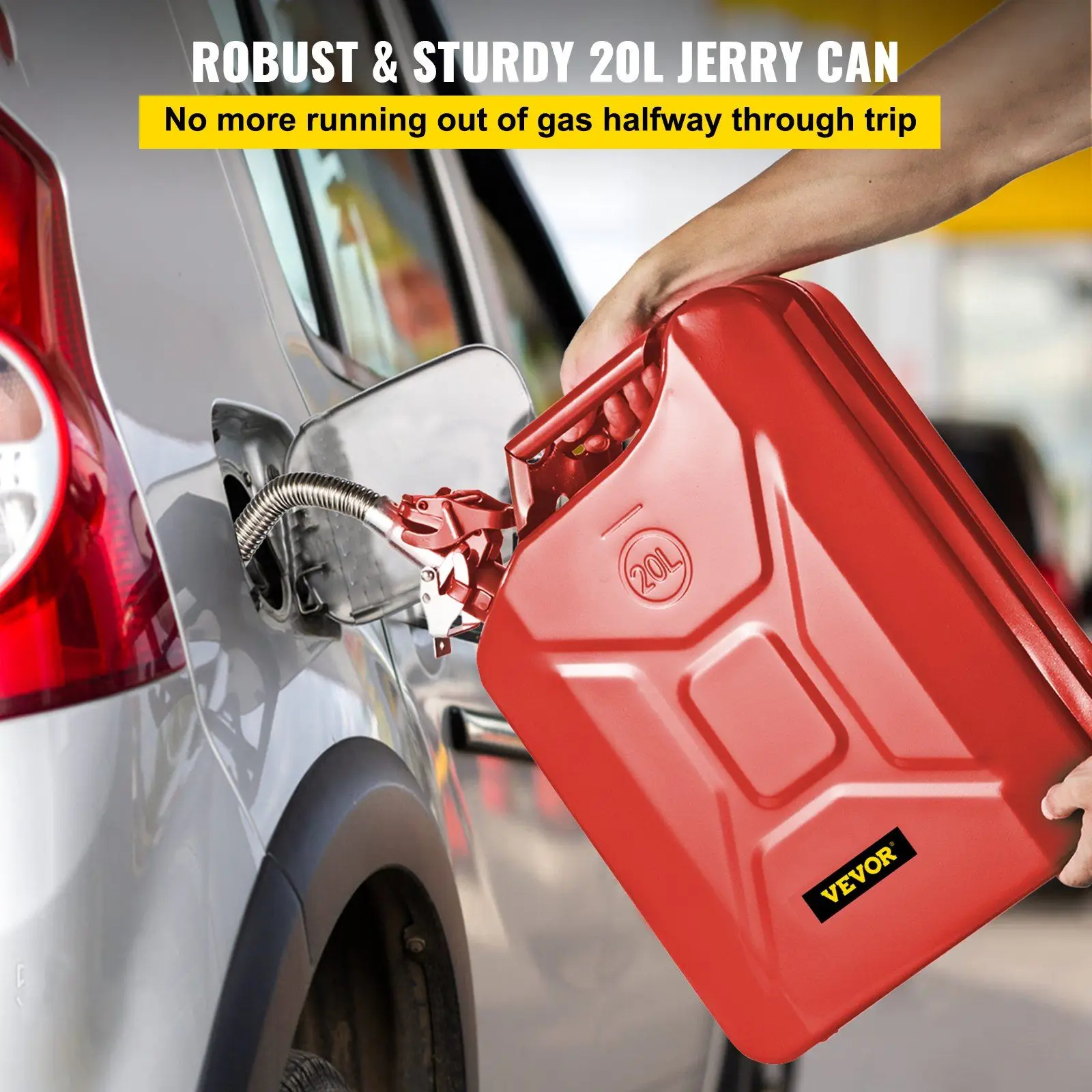 5.3gal/20L Portable Steel Jerry Fuel Can with Flexible Spout, Rustproof Heat-resistant for Cars Trucks Equipment, Red