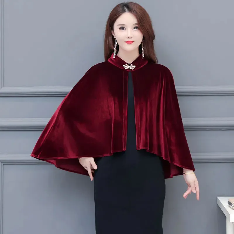 Golden Velvet Cold proof Cloak Coat Ancient Splicing Temperament Warmth Short Small Fragrant Style  Shawl Jacket Spring Autumn