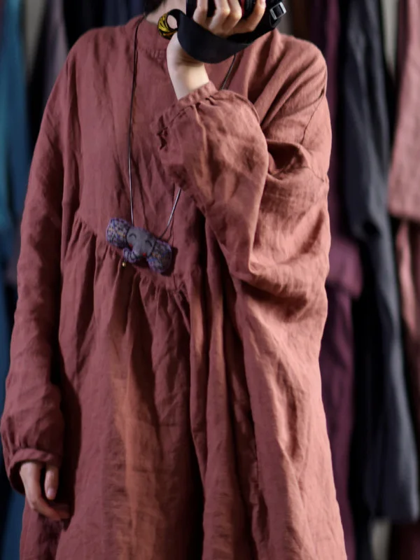 Retro Reine Farbe Taste Lose Gestickte Lange Sve Dr Frühling Herbst frauen Kleidung Pendeln Sle Casual Lange Dr