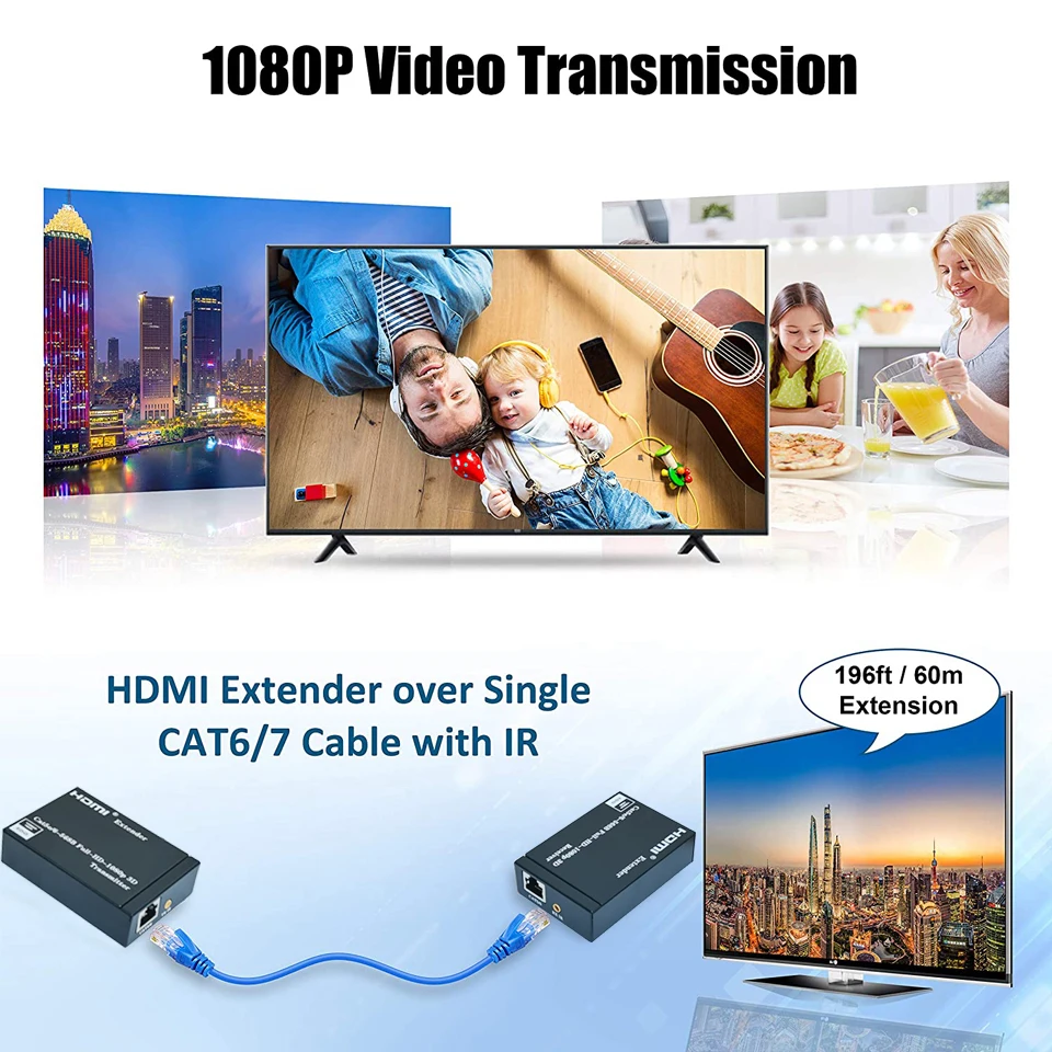 2023 HDMI Extender with IR & Loop Out 1080P HDMI Extender 60m No Loss RJ45 to HDMI Extender Transmitter Receiver over Cat5e/Cat6