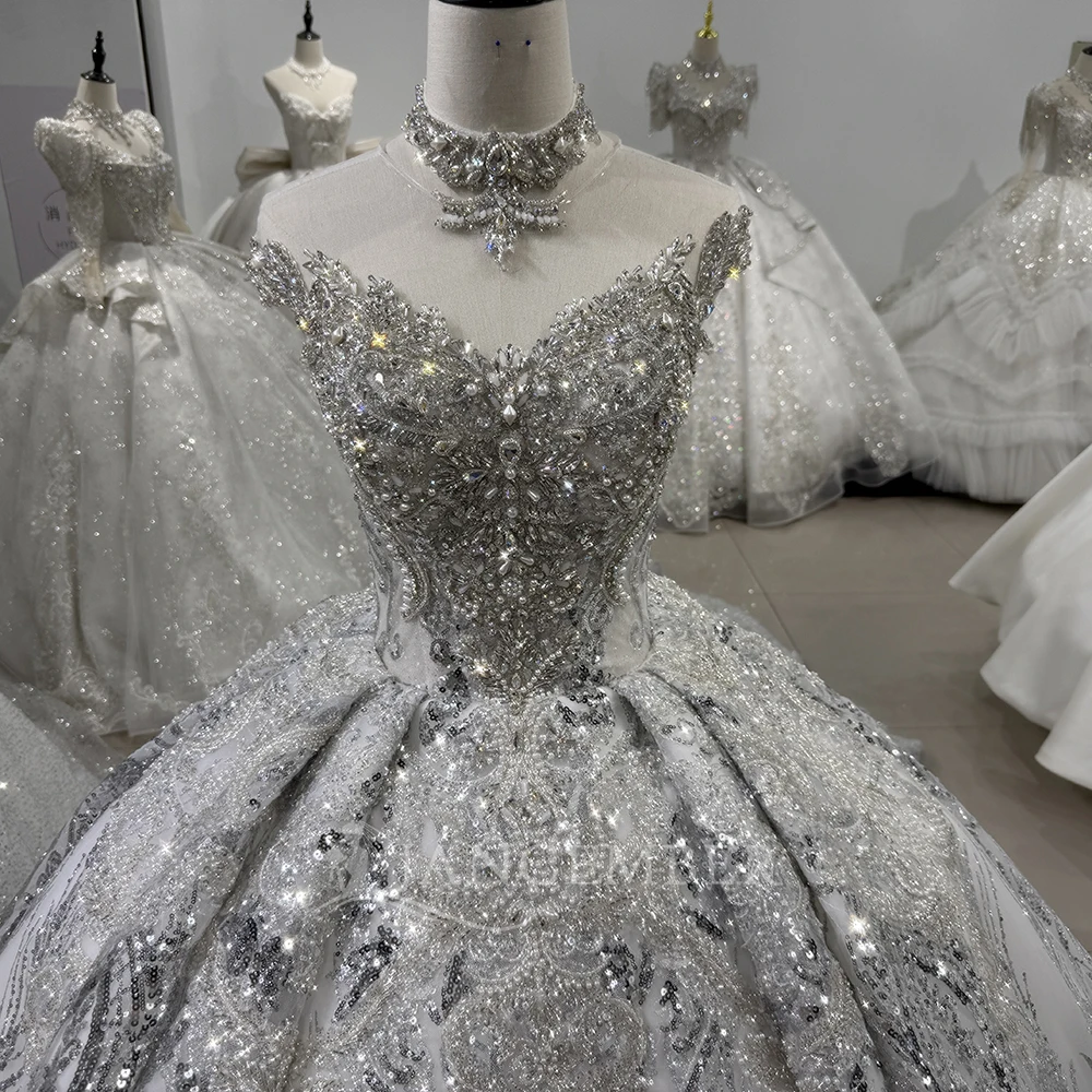 فستان زفاف أنيق برقبة دائرية وأكمام قابلة للانفصال فستان زفاف لؤلؤي فستان زفاف لامع مخصص فيستدوس دي نوفيا بودا