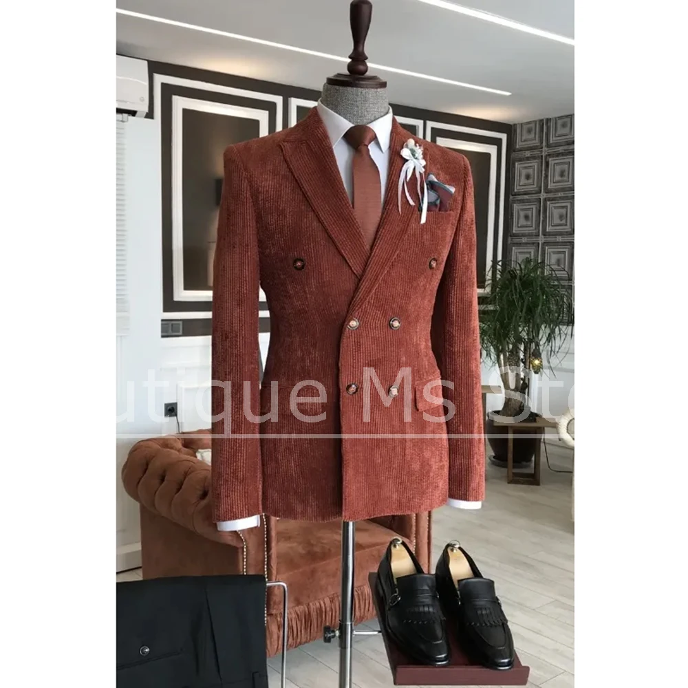 

Fashion Corduroy Men's Suit Double Breasted Peak Lapel Wear Slim Fit Blazer Pants Set Vintage Smart Casual Party Wedding Tuxedo