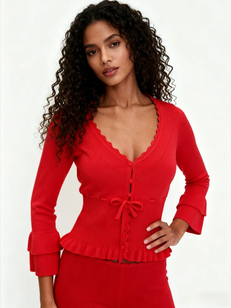 

Vintage Cropped Knitted Sweater Cardigan Women Autumn Winter Beige Red Long Sleeve Lace-up Casual Y2K Ladies Top Knitwear New