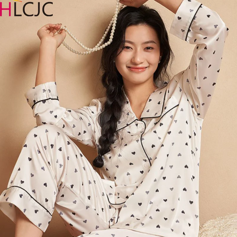 

New Ladies Two-Piece Pajamas Spring Summer Pajamas Set Women Heart Print Silk Long-Sleeved Trousers Pyjamas Femme Homewear Set