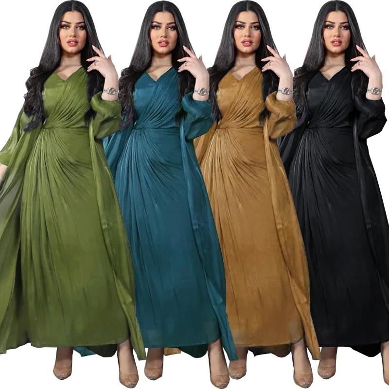 

Muslim Women Clothes Silk Satin Eid Ramadan Abaya 2 Piece Set Kaftan Kebaya Moroccan Abayas Dubai Luxury Islamic Caftan Femme